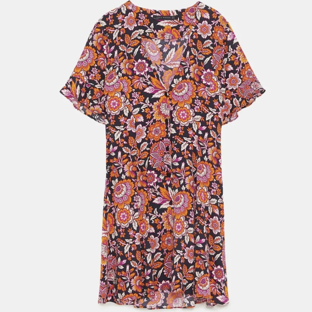 Zara Women's Button Paisley Floral Belted Mini Dress